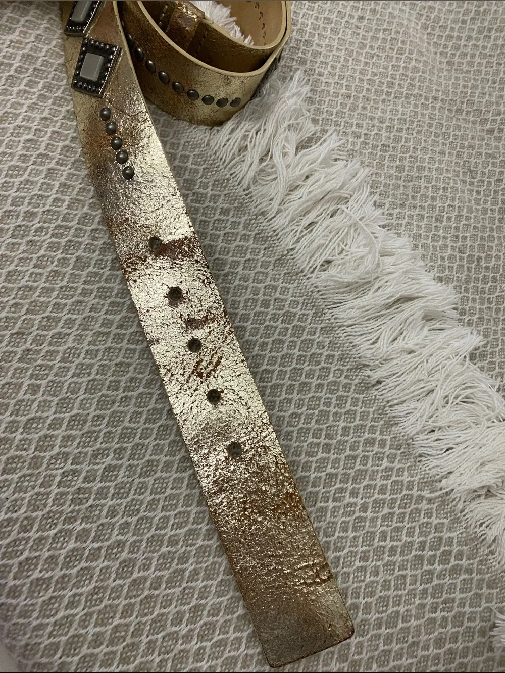 Another Line Inc. Italian Leather Metallic Gold Belt with Stud & Diamond Accents